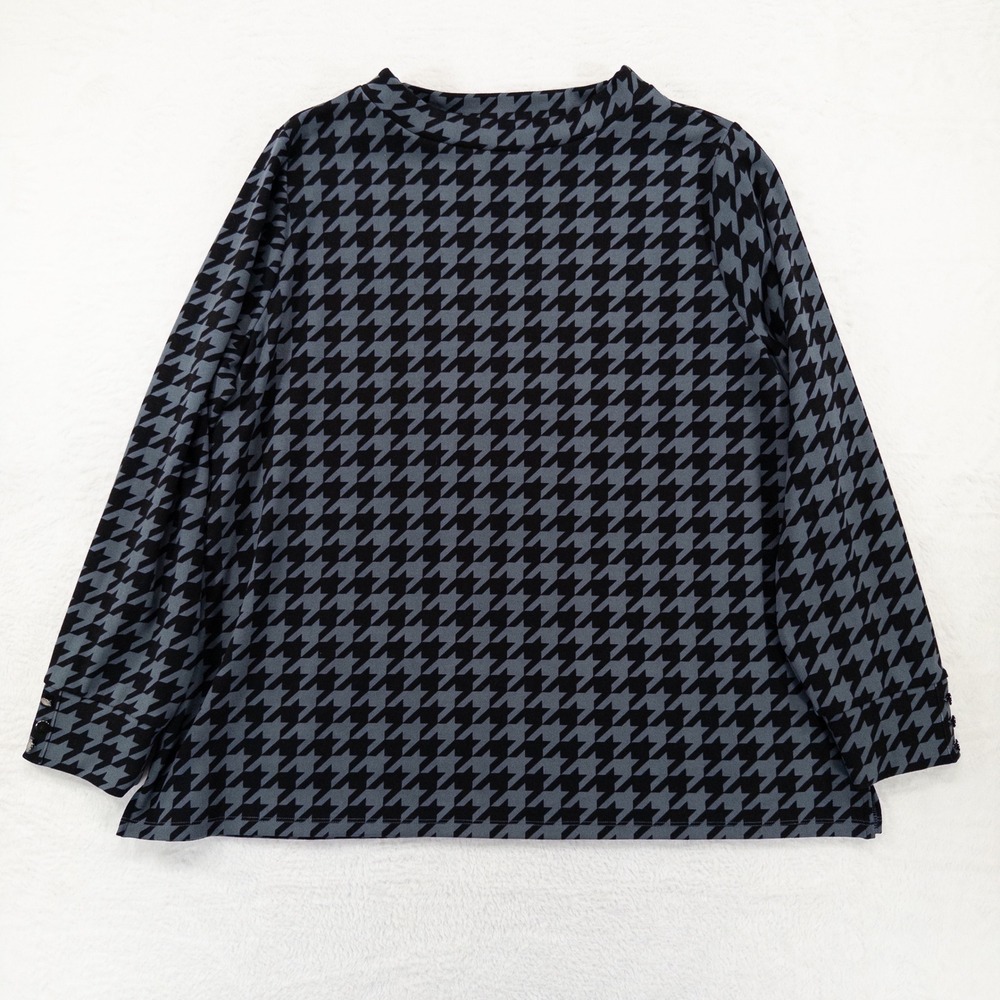 Susan Graver Womens Top XL Grey Black Houndstooth Mock Neck Button Cuff Weekend
